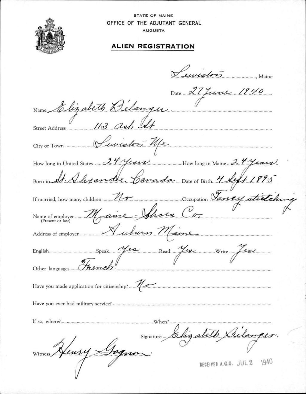 Miniature of Alien Registration- Belanger, Elizabeth (Lewiston, Androscoggin County)