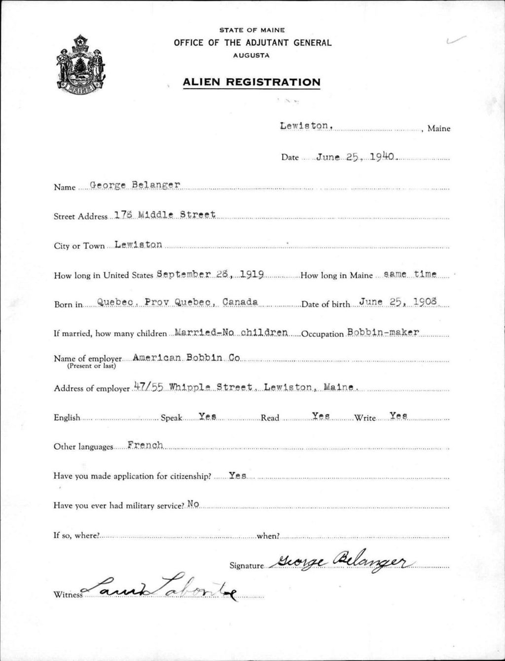 Miniature of Alien Registration- Belanger, George (Lewiston, Androscoggin County)