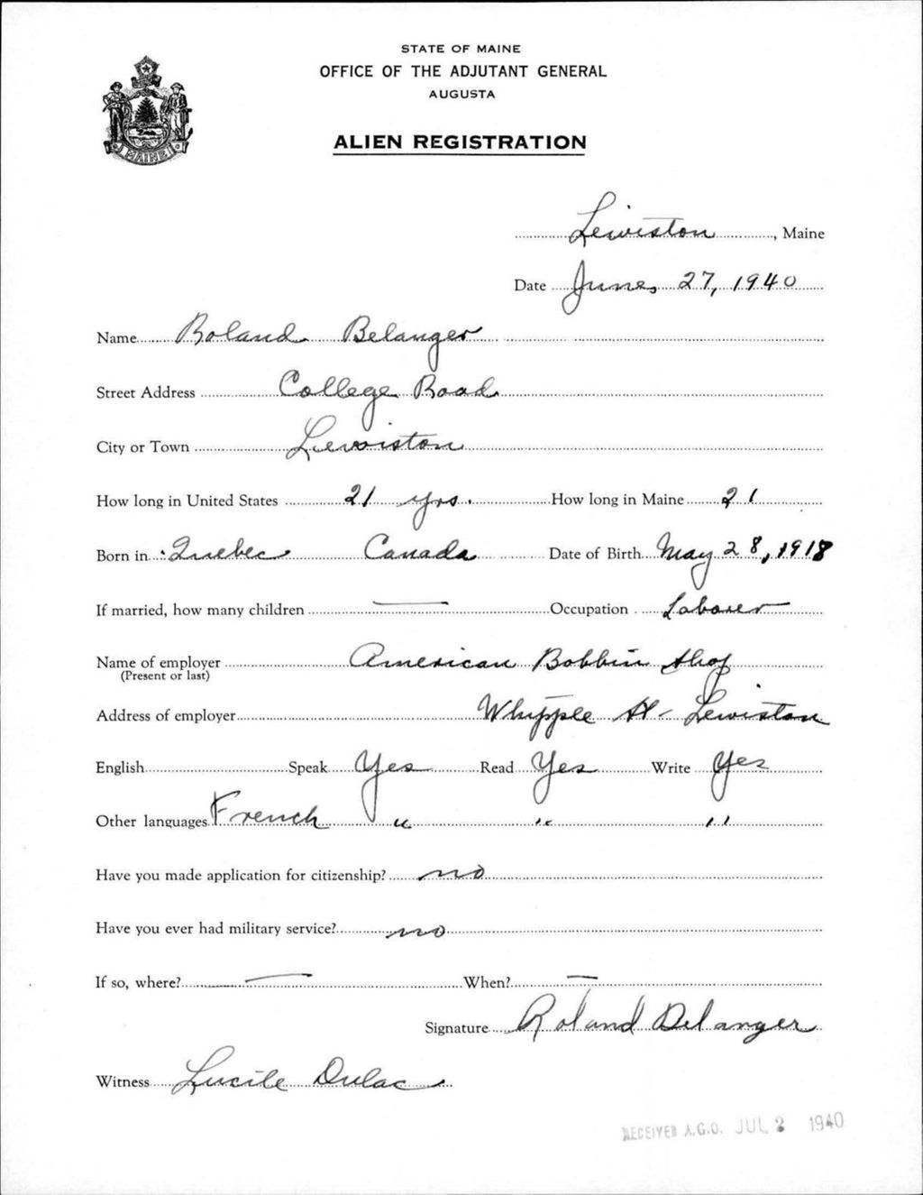 Miniature of Alien Registration- Belanger, Roland (Lewiston, Androscoggin County)