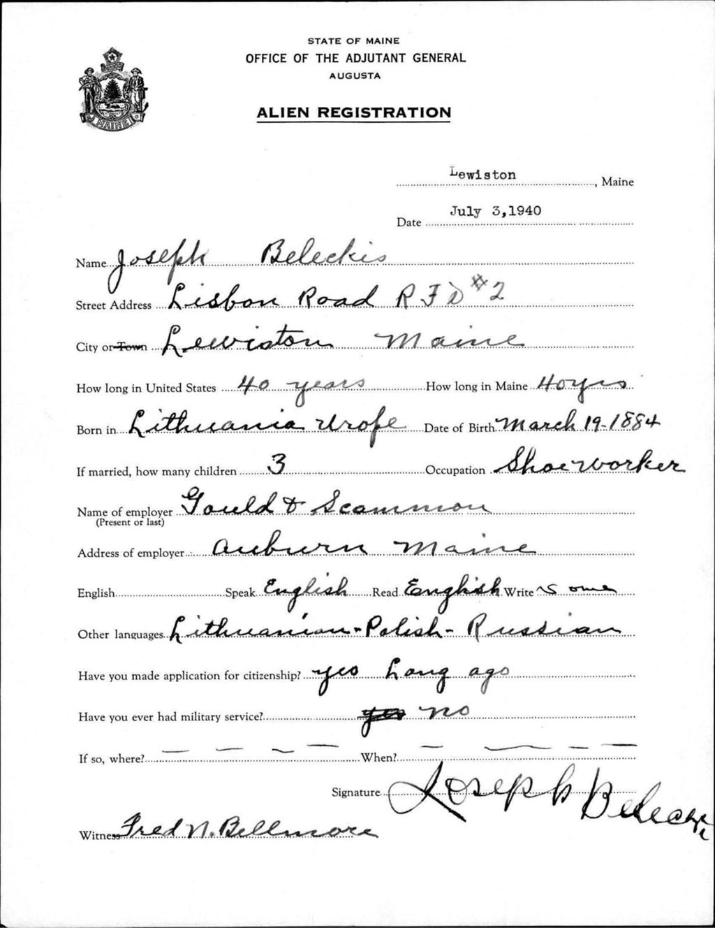 Miniature of Alien Registration- Beleckis, Joseph (Lewiston, Androscoggin County)