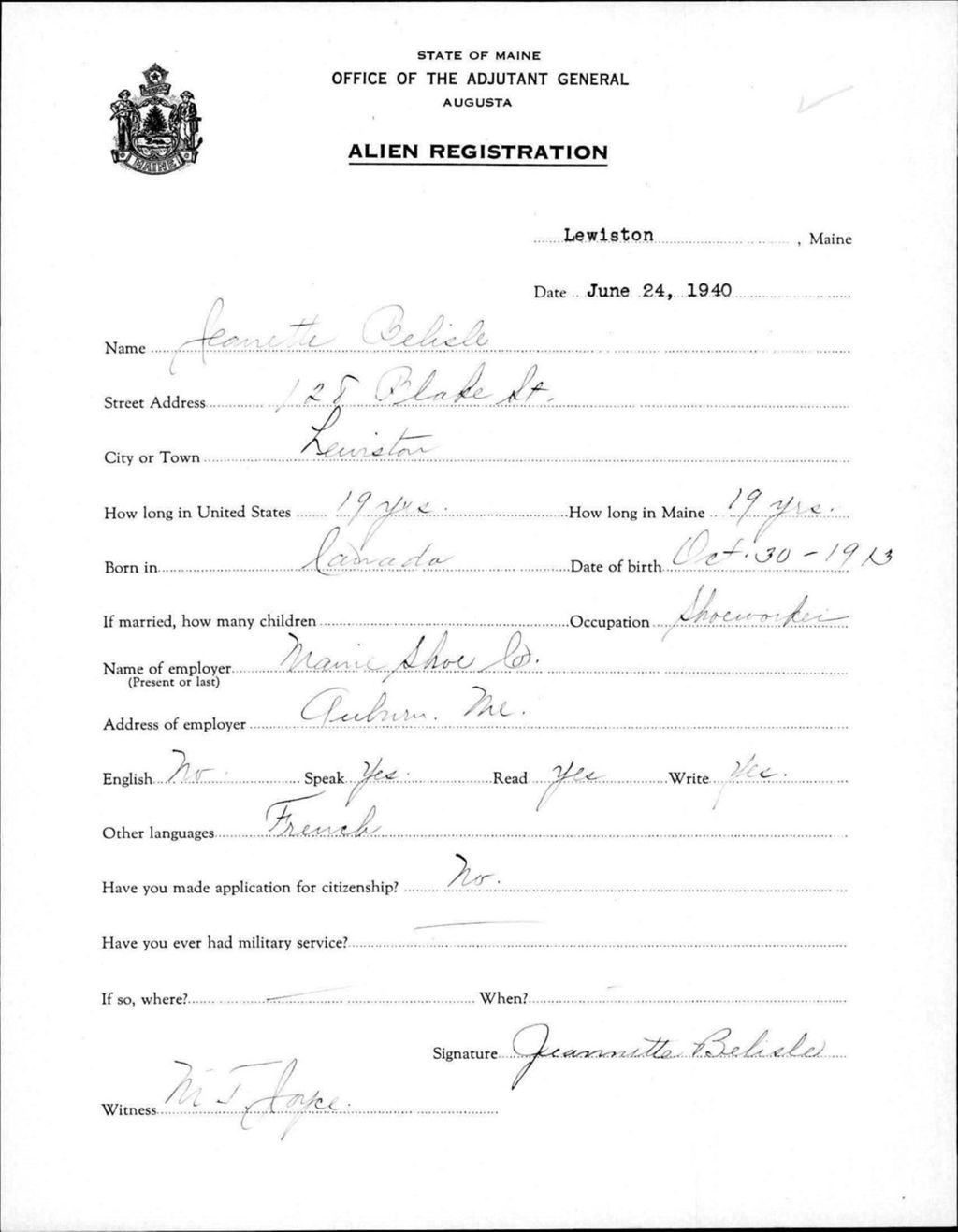 Miniature of Alien Registration- Belisle, Jeanette (Lewiston, Androscoggin County)