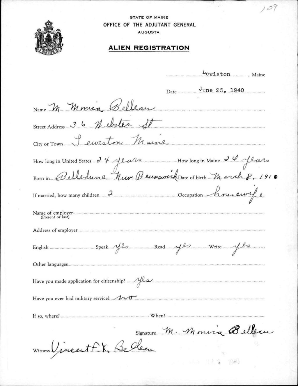Miniature of Alien Registration- Belleau, M Monica (Lewiston, Androscoggin County)