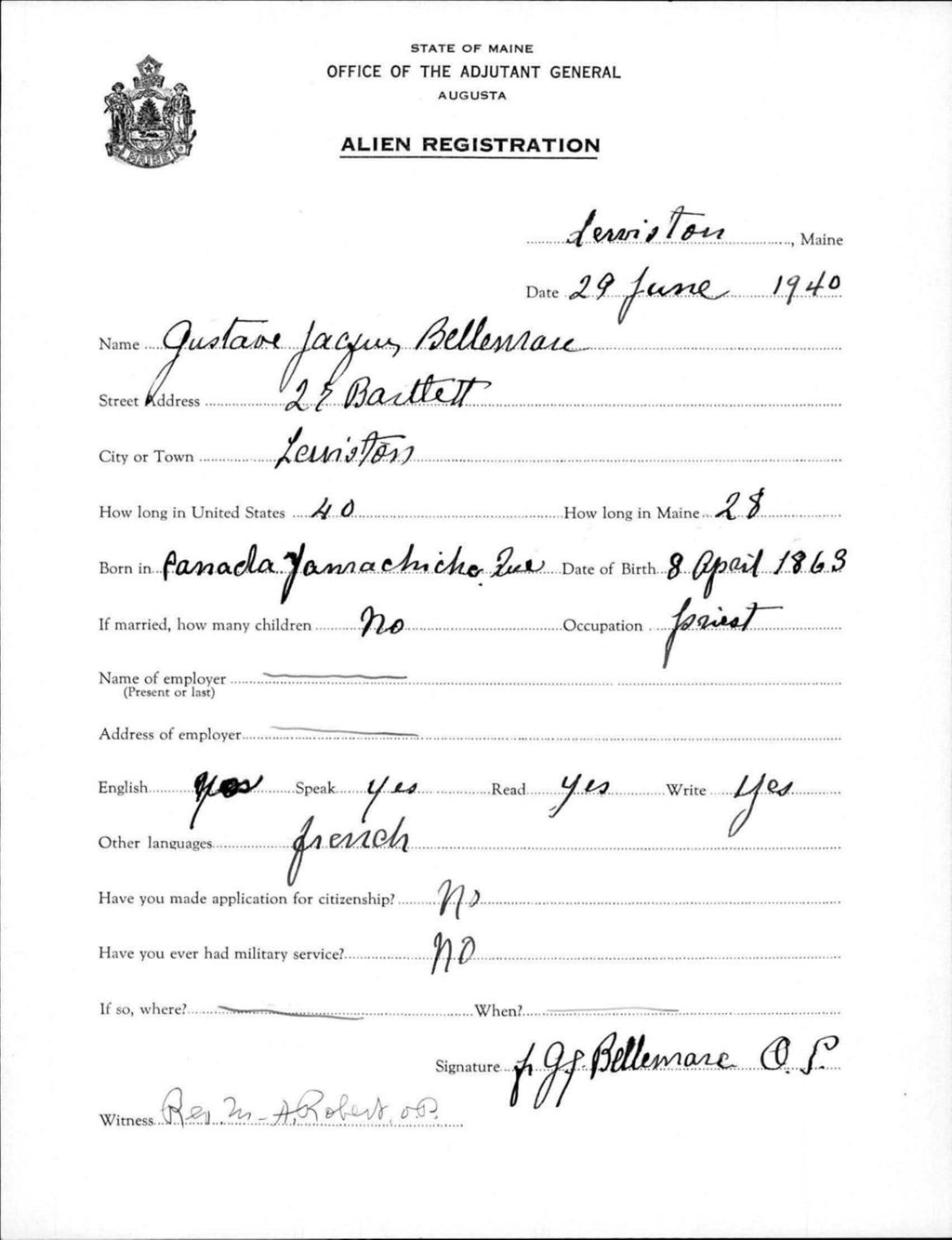 Miniature of Alien Registration- Bellemore, Gustave J. (Lewiston, Androscoggin County)