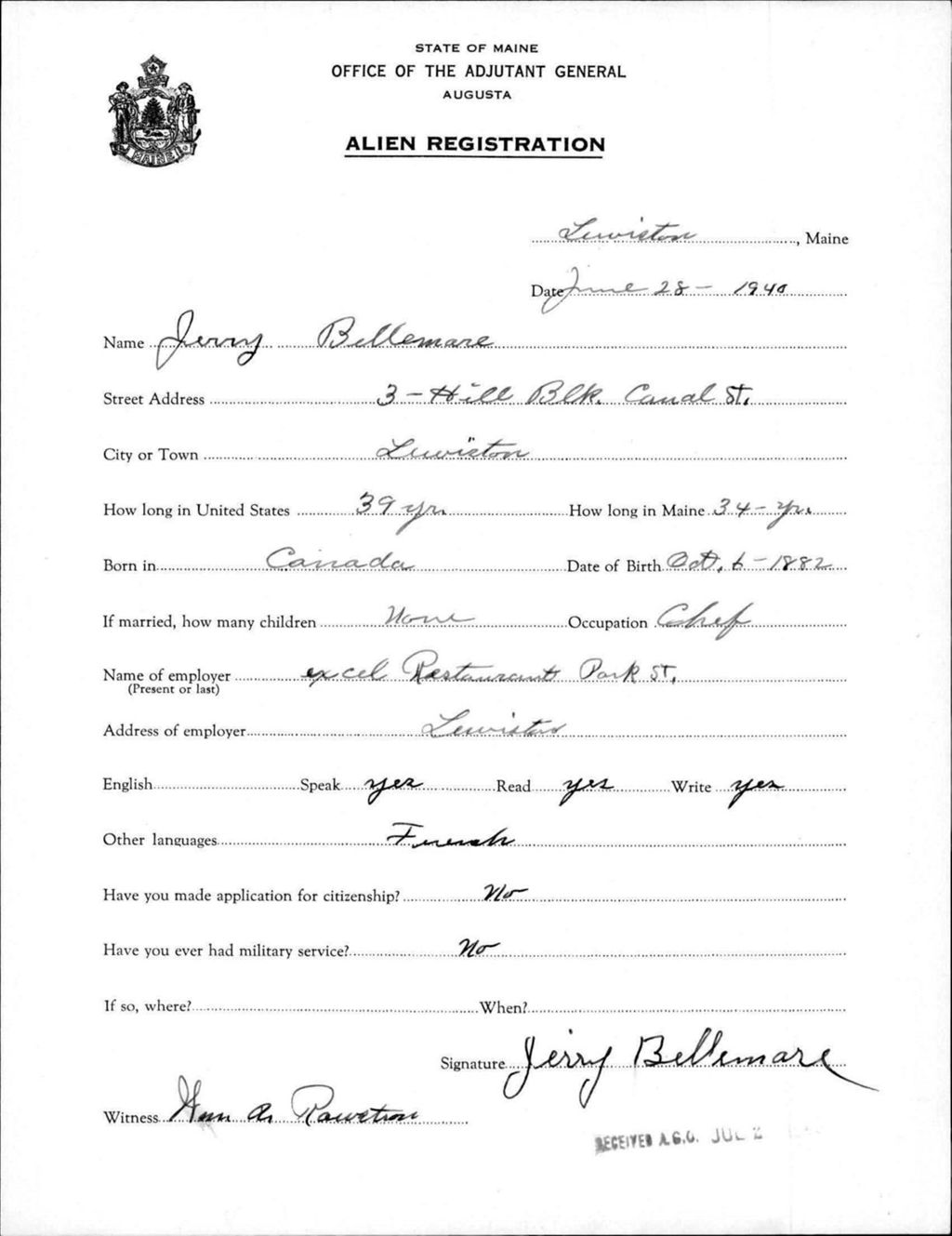 Miniature of Alien Registration- Bellemore, Jerry (Lewiston, Androscoggin County)