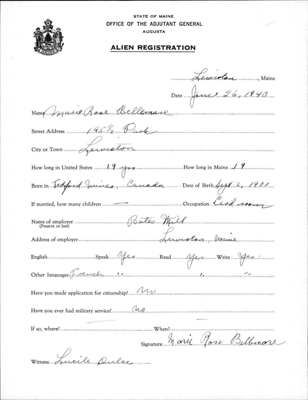 Miniature of Alien Registration- Bellemore, Marie R. (Lewiston, Androscoggin County)