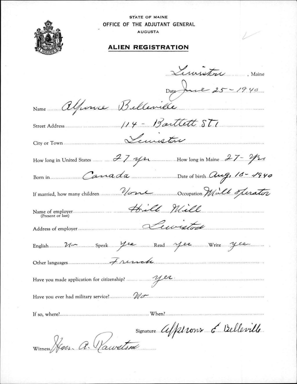 Miniature of Alien Registration- Belleville, Alponse (Lewiston, Androscoggin County)
