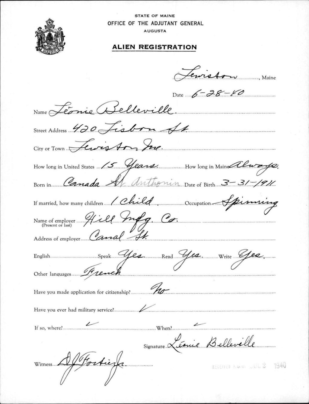 Miniature of Alien Registration- Belleville, Leonie (Lewiston, Androscoggin County)