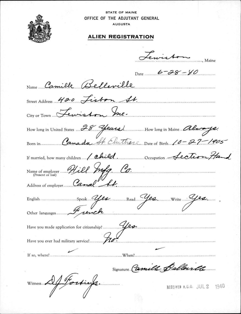 Miniature of Alien Registration- Belleville, Camille (Lewiston, Androscoggin County)