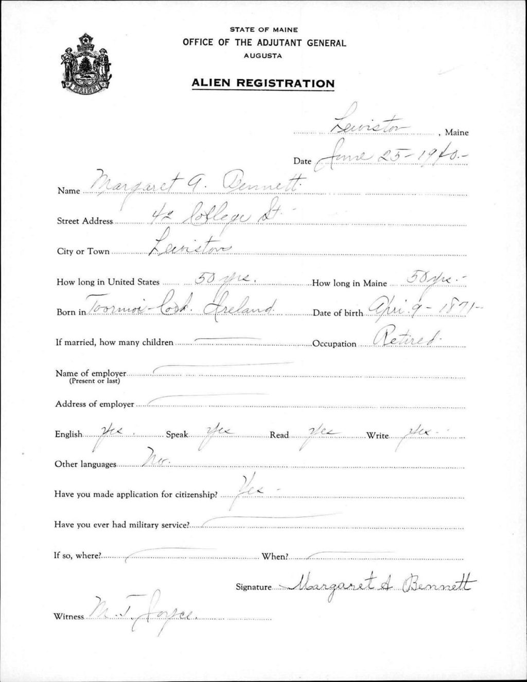 Miniature of Alien Registration- Bennett, Margaret A. (Lewiston, Androscoggin County)