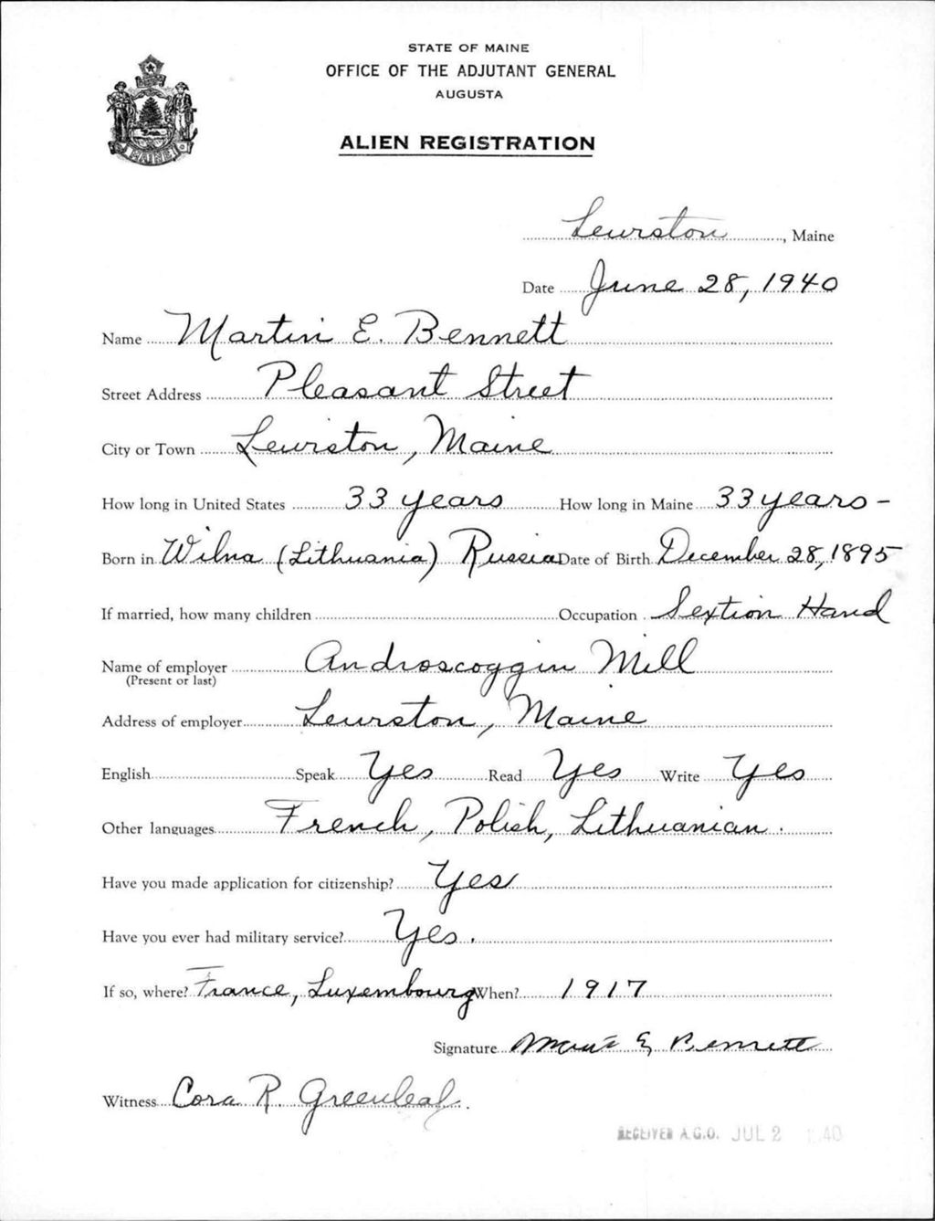 Miniature of Alien Registration- Bennett, Martin E. (Lewiston, Androscoggin County)