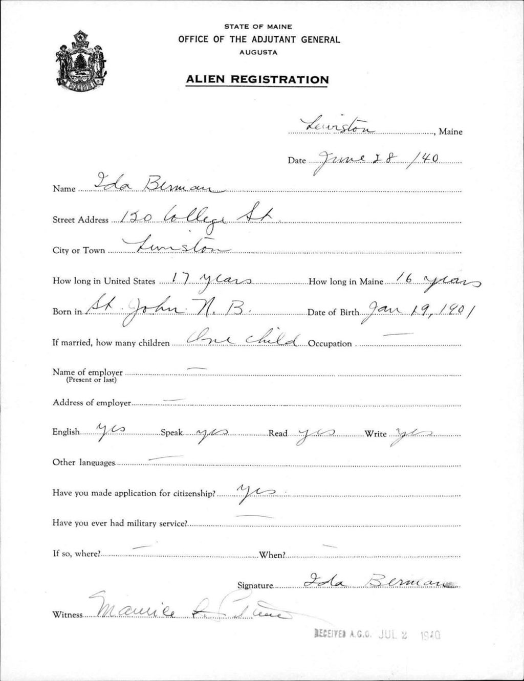 Miniature of Alien Registration- Berman, Ida (Lewiston, Androscoggin County)