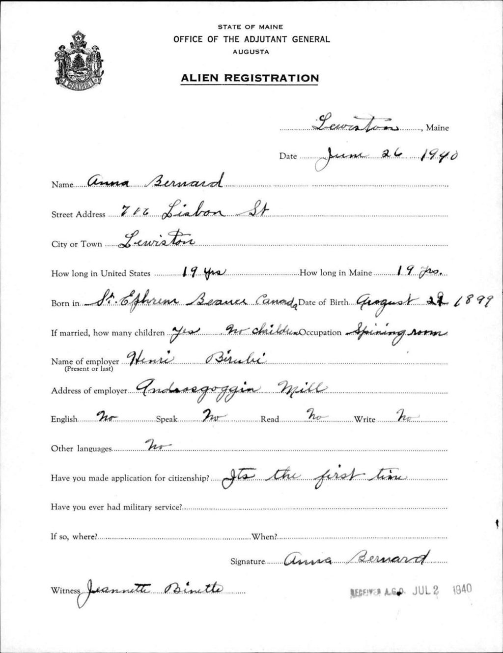 Miniature of Alien Registration- Bernard, Anna (Lewiston, Androscoggin County)