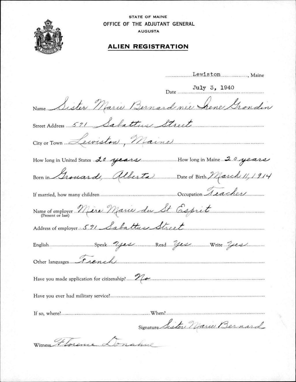 Miniature of Alien Registration- Grondin, Irene (Lewiston, Androscoggin County)
