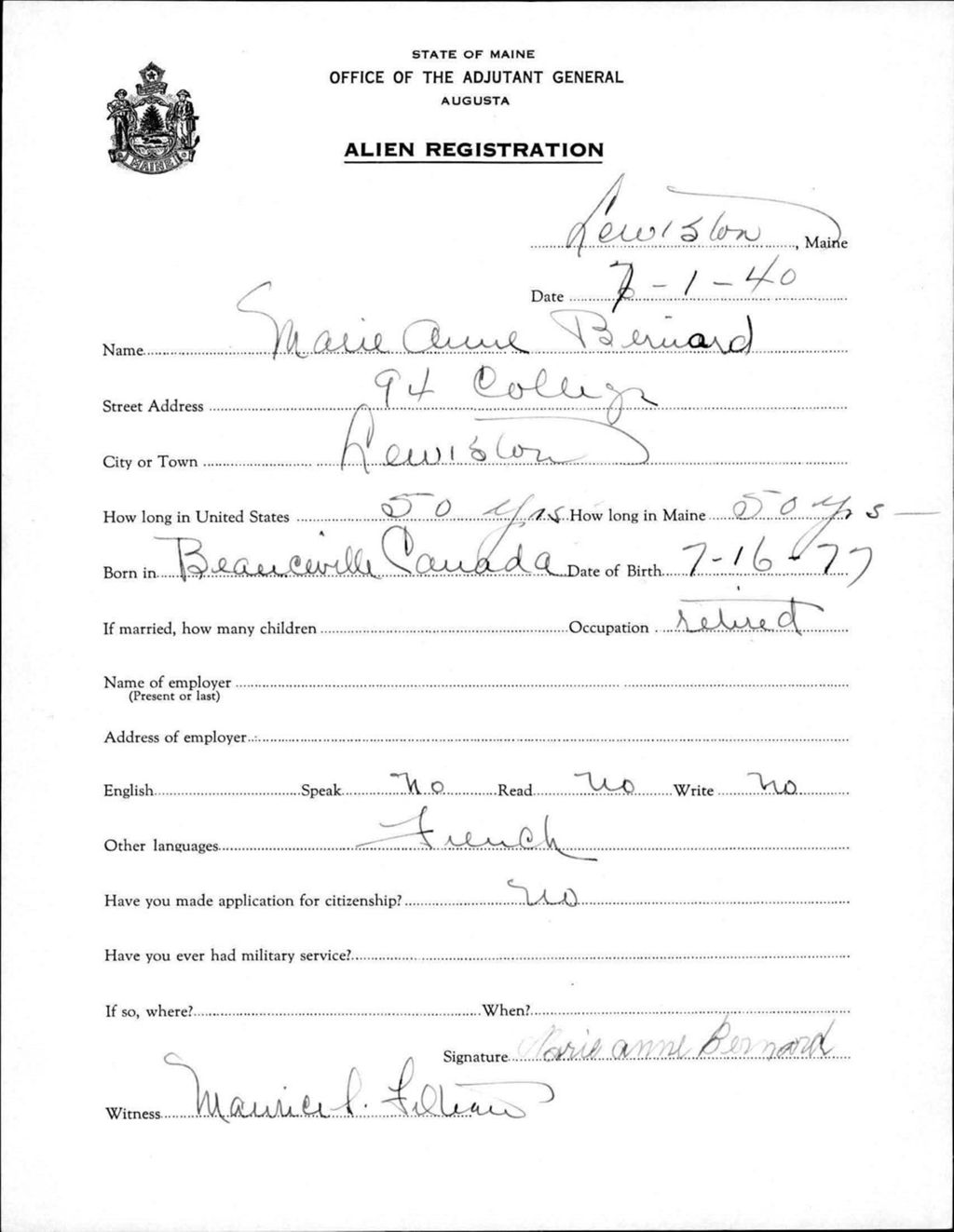 Miniature of Alien Registration- Bernard, Marie A. (Lewiston, Androscoggin County)