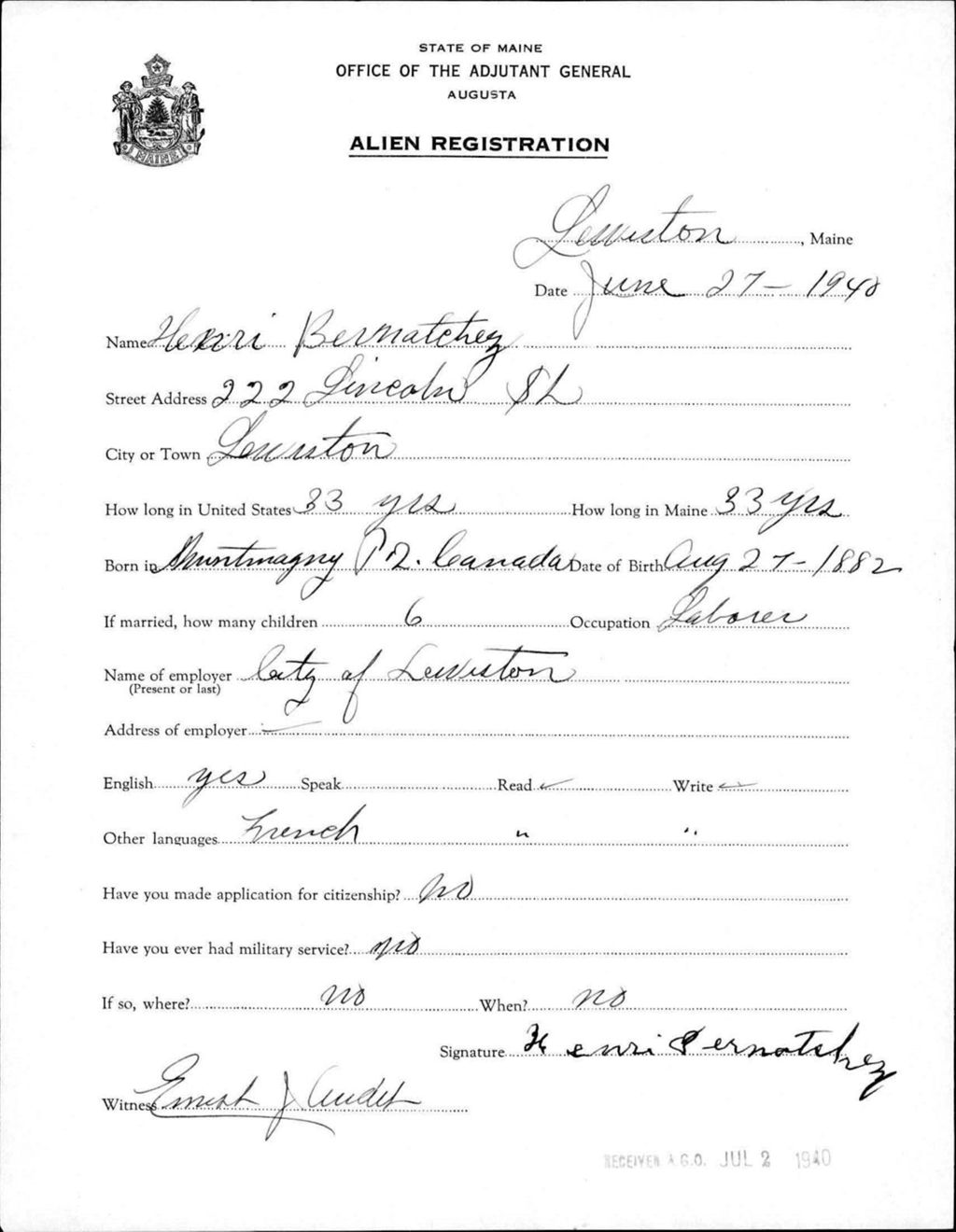 Miniature of Alien Registration- Bernatchez, Henri (Lewiston, Androscoggin County)