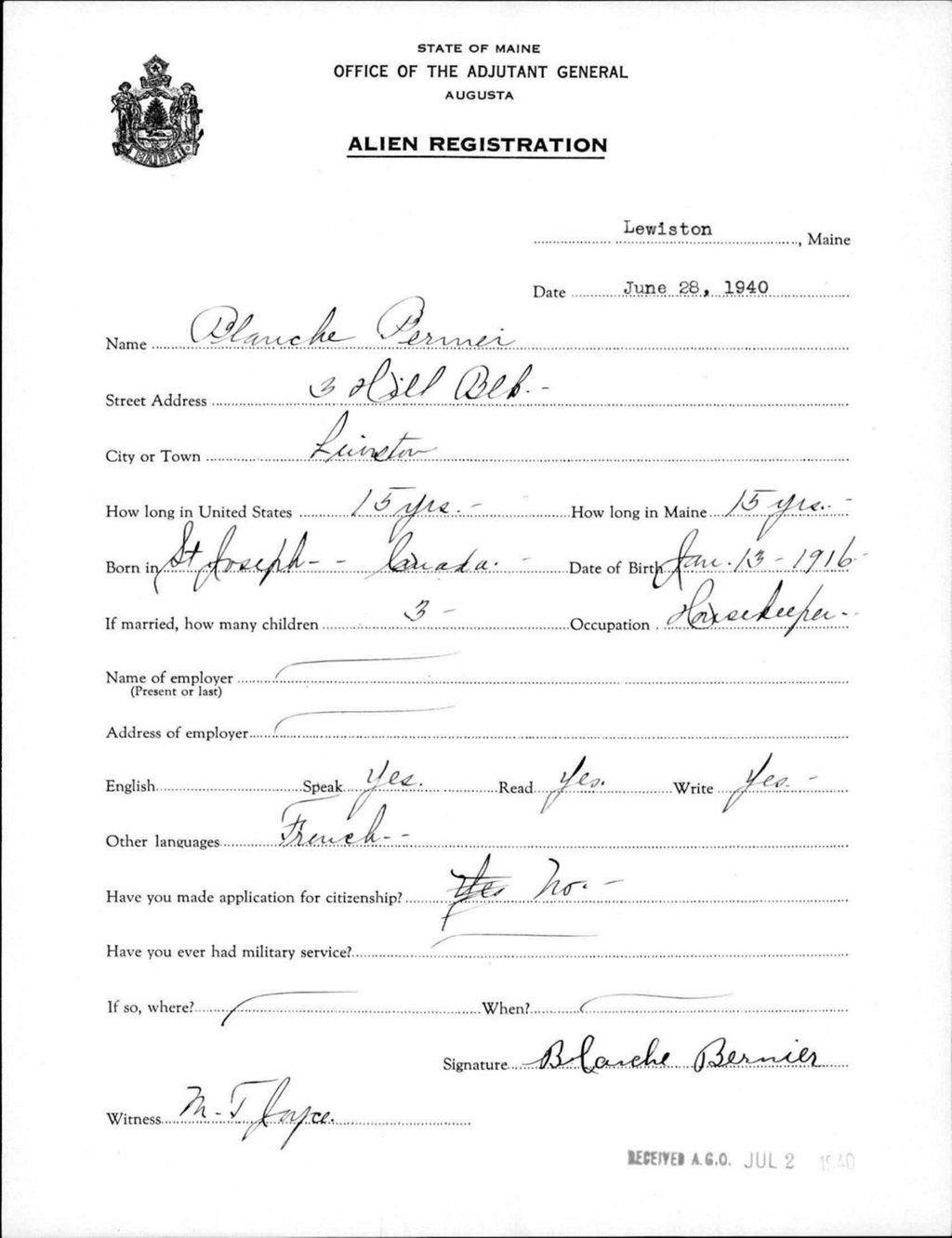 Miniature of Alien Registration- Bernier, Blanche (Lewiston, Androscoggin County)