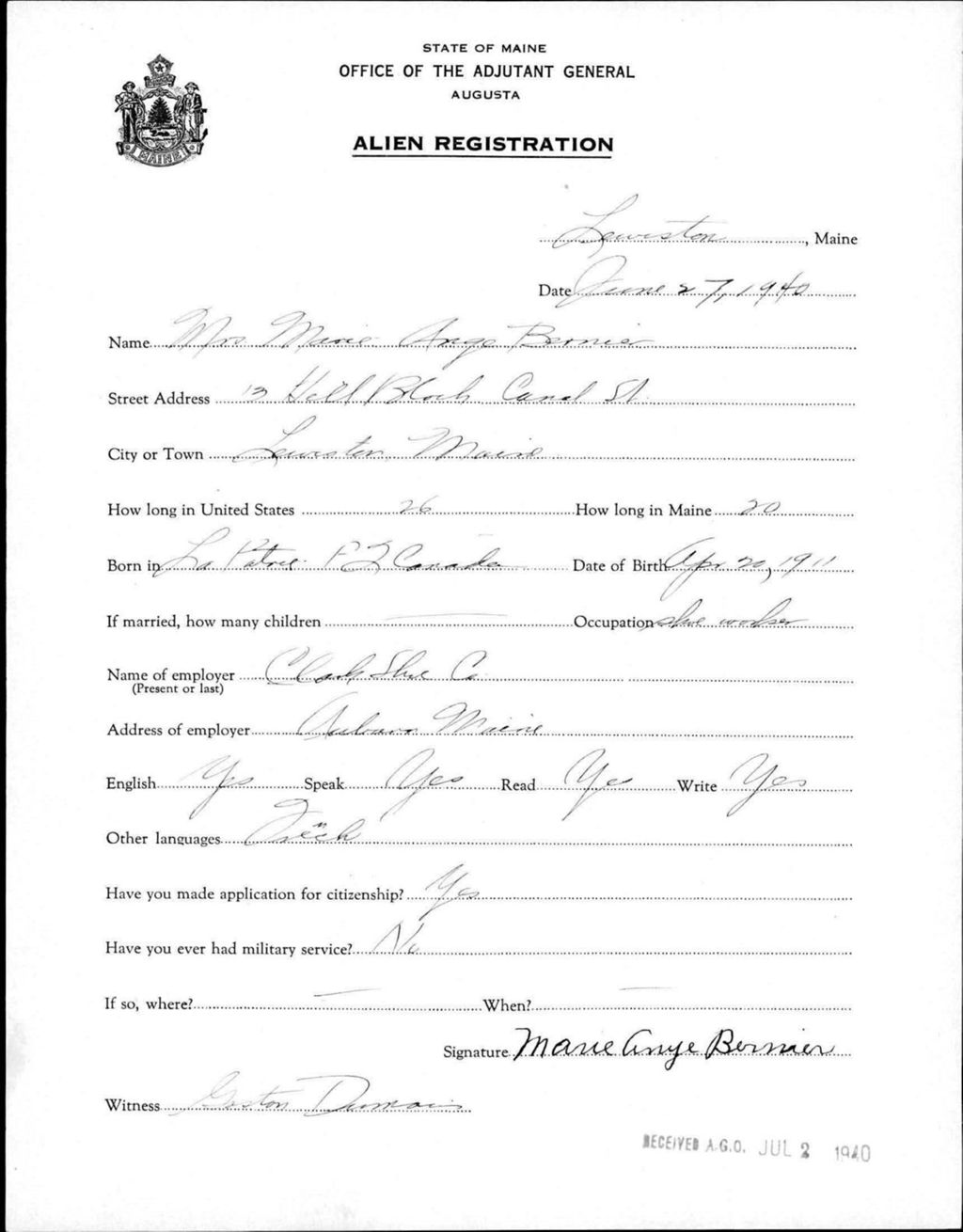 Miniature of Alien Registration- Bernier, Marie A. (Lewiston, Androscoggin County)