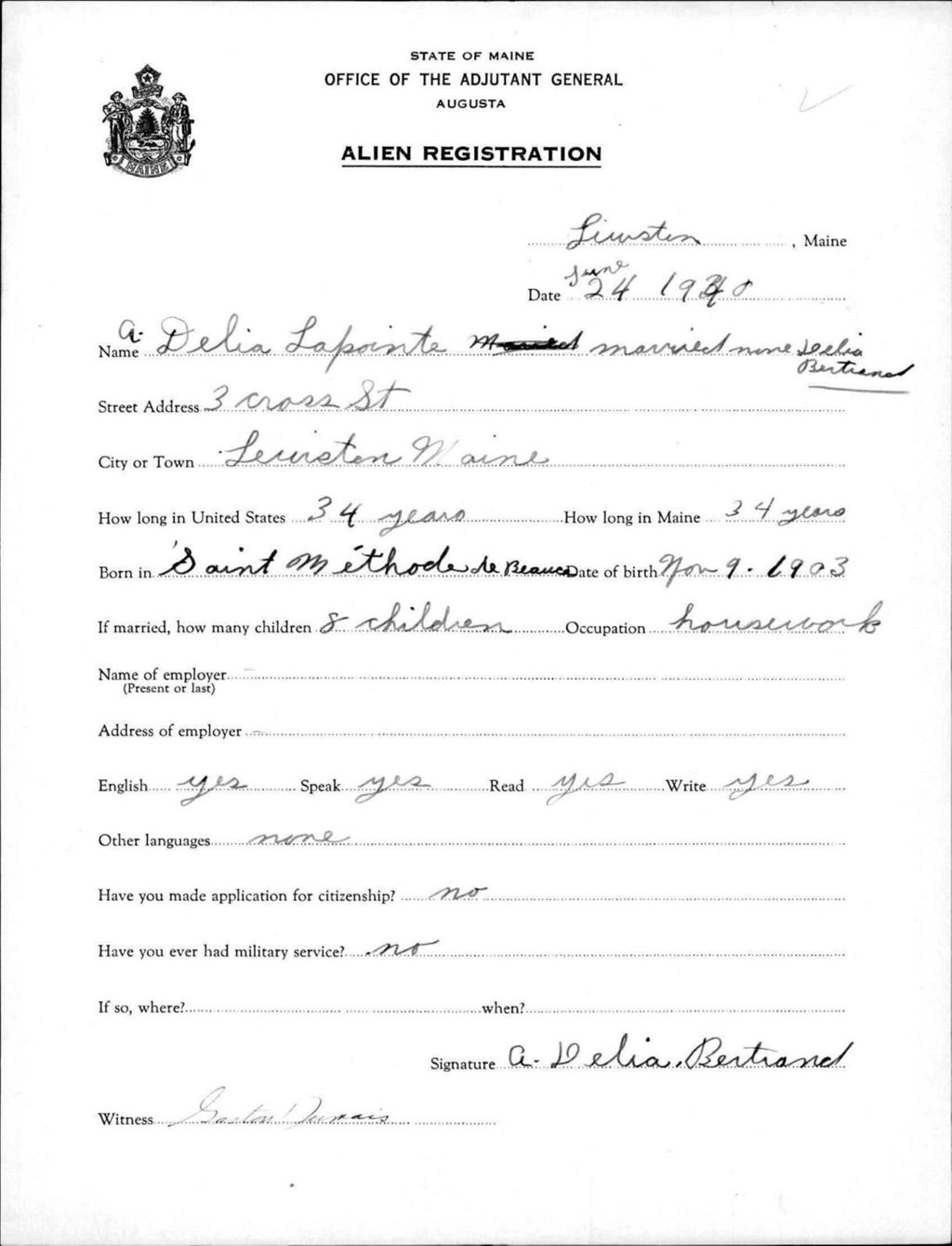 Miniature of Alien Registration- Bertrand, Delia (Lewiston, Androscoggin County)