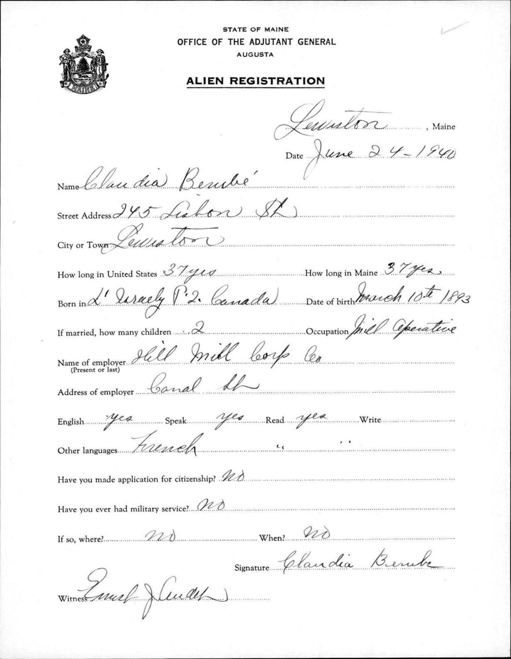 Miniature of Alien Registration- Berube, Claudia (Lewiston, Androscoggin County)
