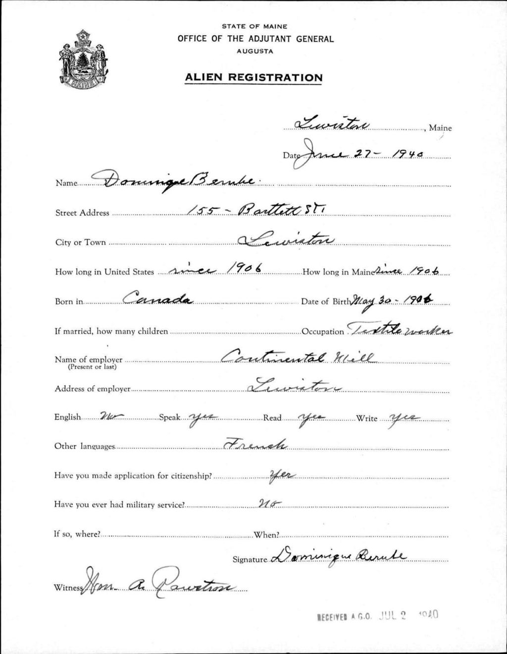 Miniature of Alien Registration- Berube, Dominque (Lewiston, Androscoggin County)