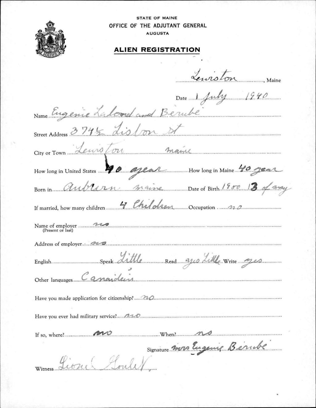 Miniature of Alien Registration- Lalond, Eugenie (Lewiston, Androscoggin County)