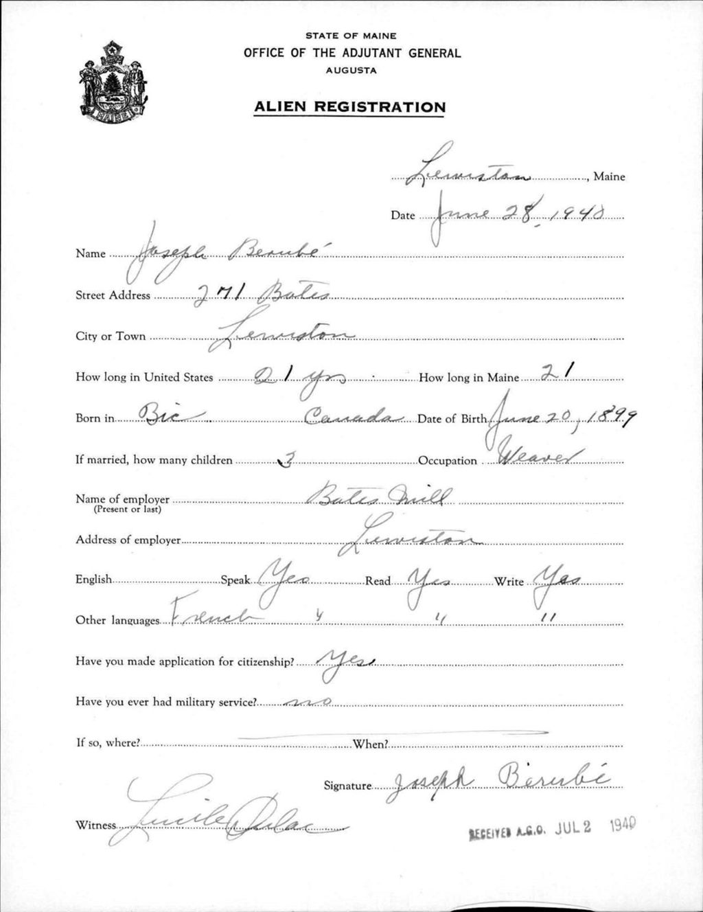 Miniature of Alien Registration- Berube, Joseph (Lewiston, Androscoggin County)