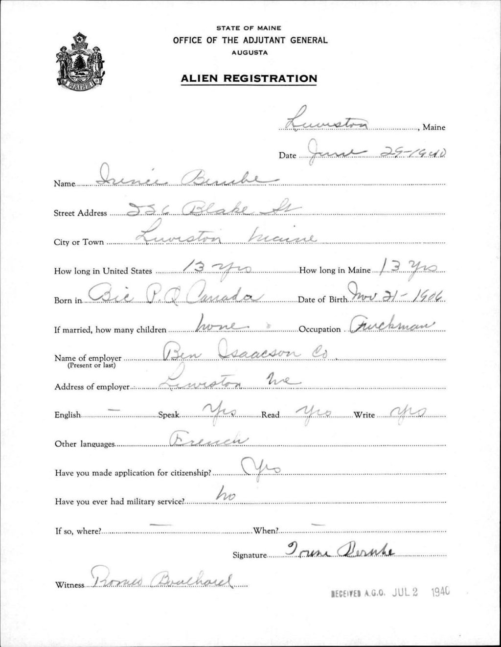 Miniature of Alien Registration- Berube, Irene (Lewiston, Androscoggin County)