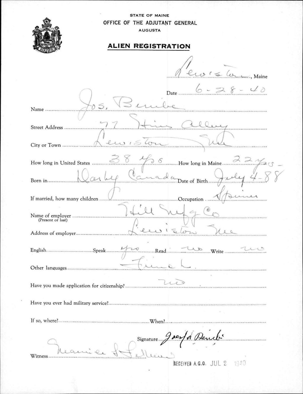 Miniature of Alien Registration- Berube, Joseph (Lewiston, Androscoggin County)