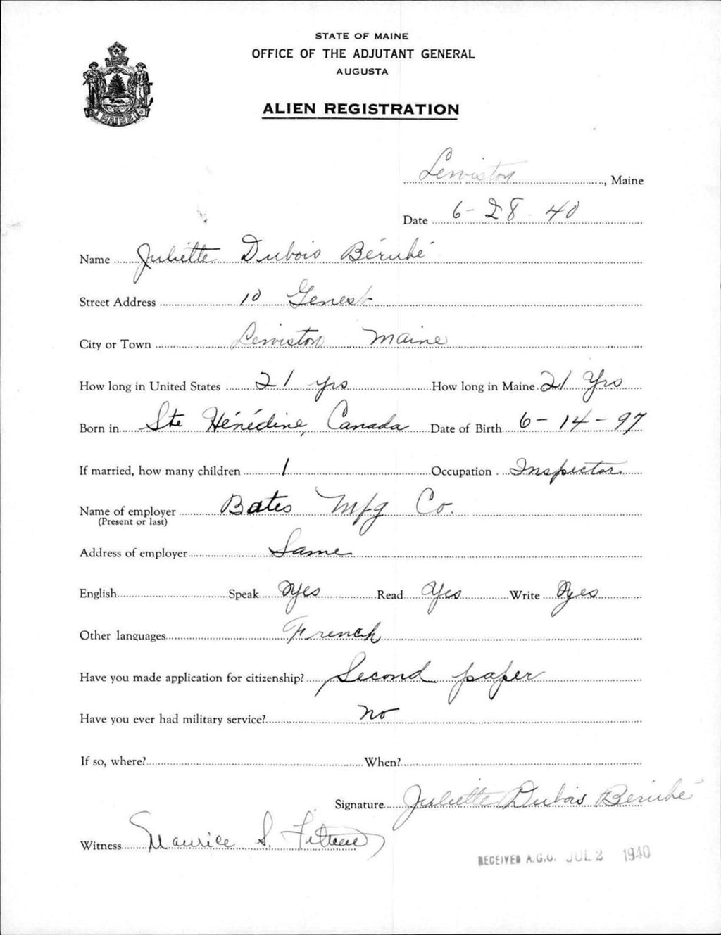 Miniature of Alien Registration- Dubois, Juliette (Lewiston, Androscoggin County)