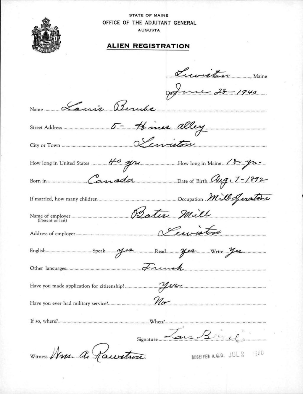 Miniature of Alien Registration- Berube, Louis (Lewiston, Androscoggin County)