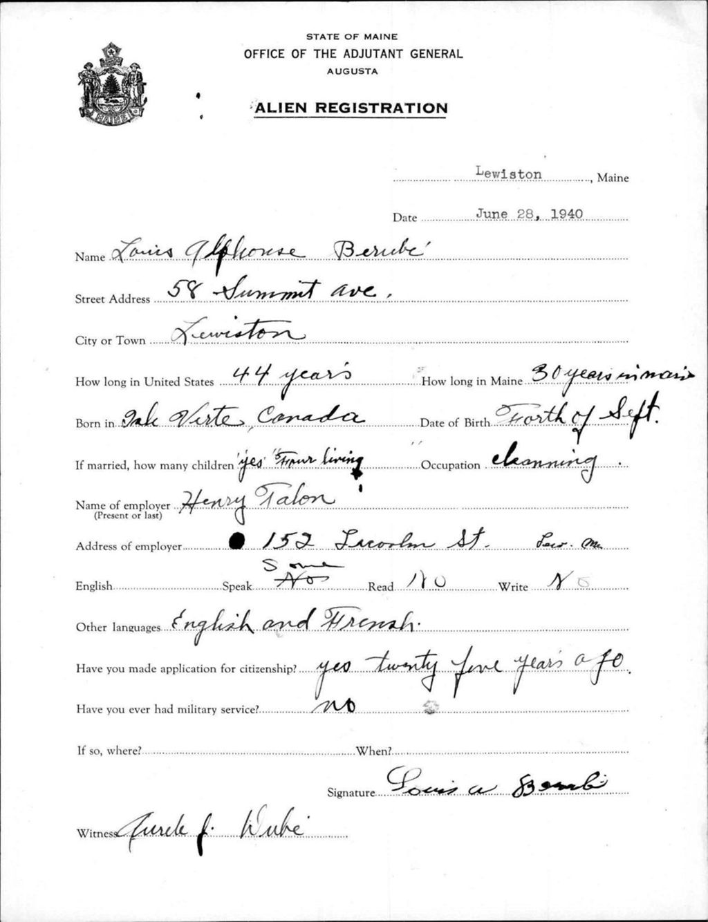 Miniature of Alien Registration- Berube, Louis A. (Lewiston, Androscoggin County)