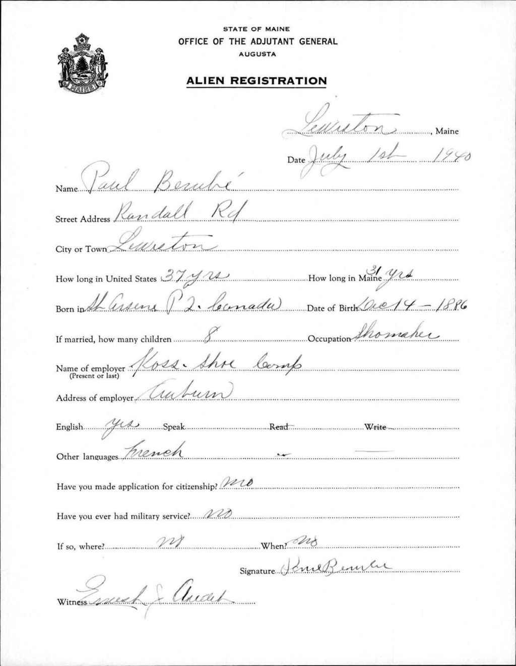 Miniature of Alien Registration- Berube, Paul (Lewiston, Androscoggin County)