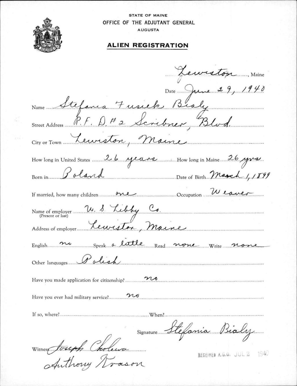 Miniature of Alien Registration- Fusick, Stefania (Lewiston, Androscoggin County)
