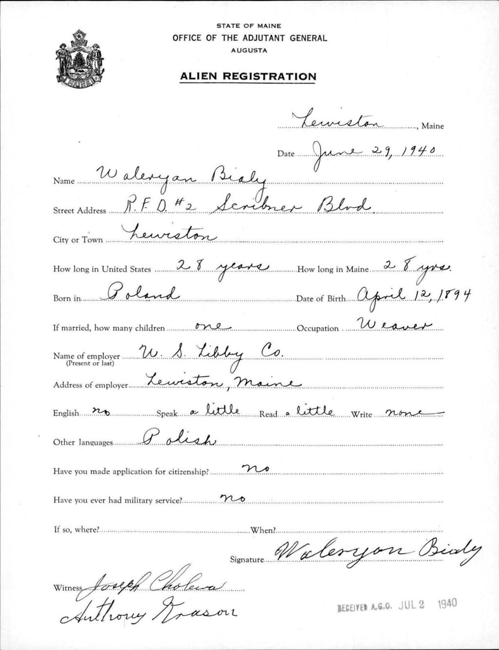 Miniature of Alien Registration- Bialy, Waleryan (Lewiston, Androscoggin County)