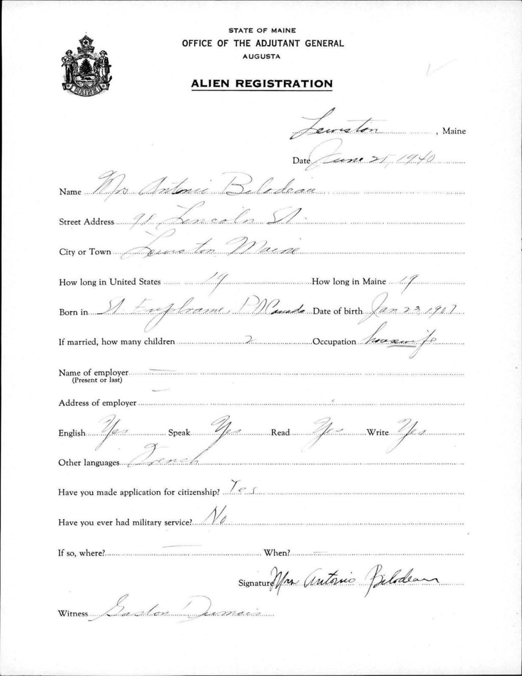 Miniature of Alien Registration- Bilodeau, Antonio (Lewiston, Androscoggin County)