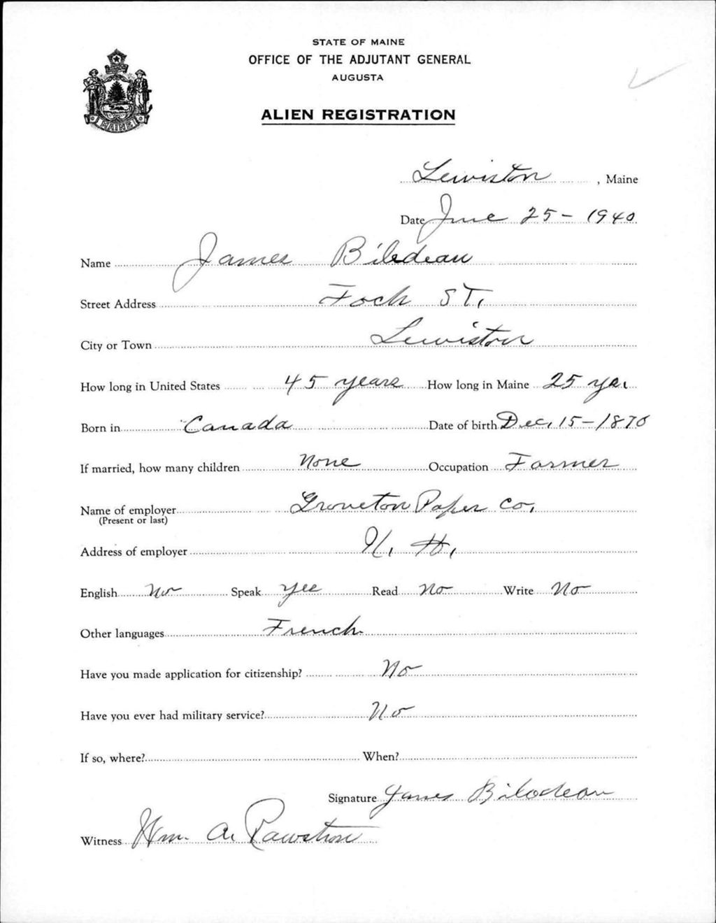 Miniature of Alien Registration- Bilodeau, James (Lewiston, Androscoggin County)
