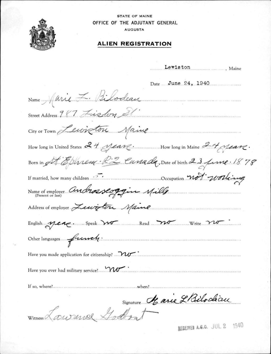 Miniature of Alien Registration- Bilodeau, Marie F. (Lewiston, Androscoggin County)