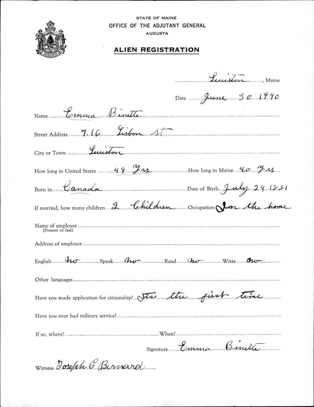 Miniature of Alien Registration- Binette, Emma (Lewiston, Androscoggin County)