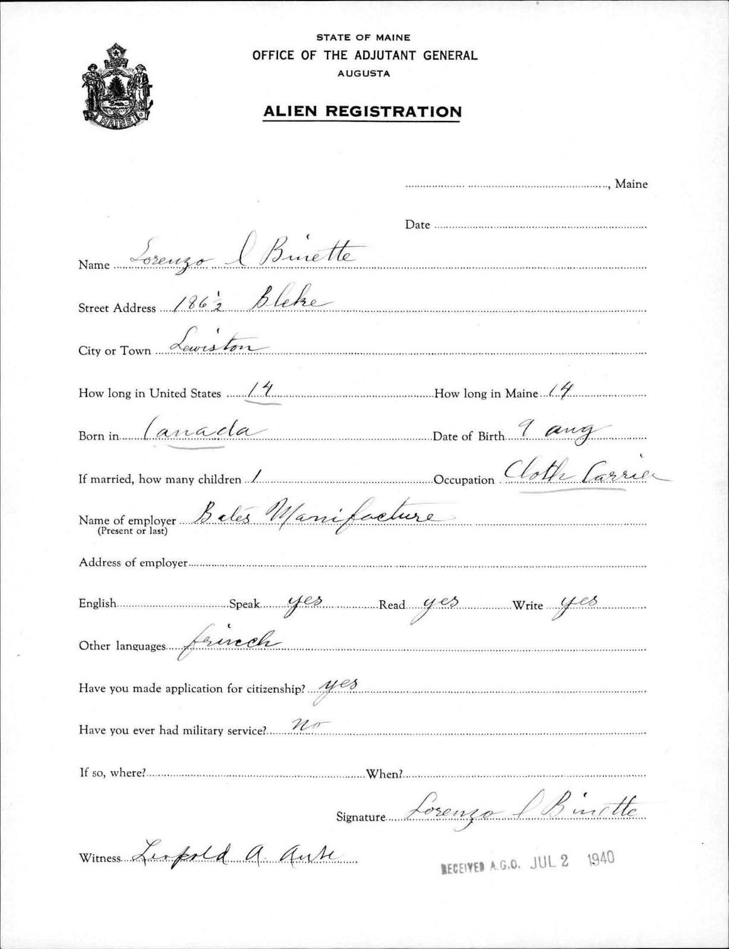 Miniature of Alien Registration- Binette, Lorenzo (Lewiston, Androscoggin County)