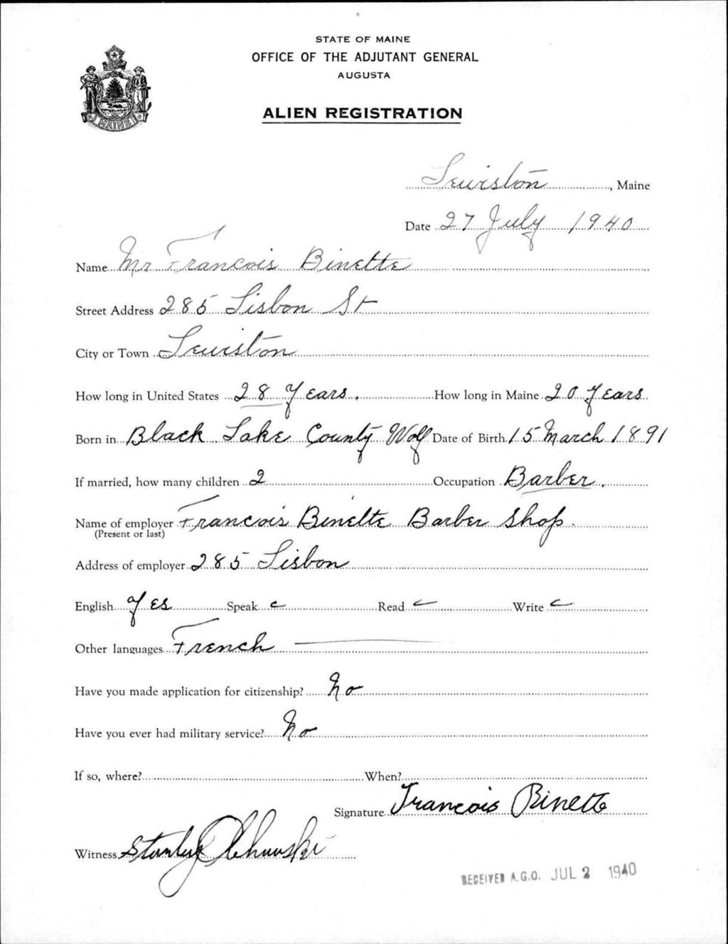 Miniature of Alien Registration- Binette, Francois (Lewiston, Androscoggin County)