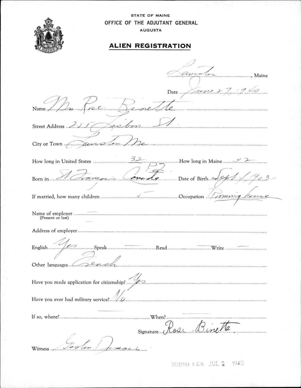 Miniature of Alien Registration- Binette, Rose (Lewiston, Androscoggin County)