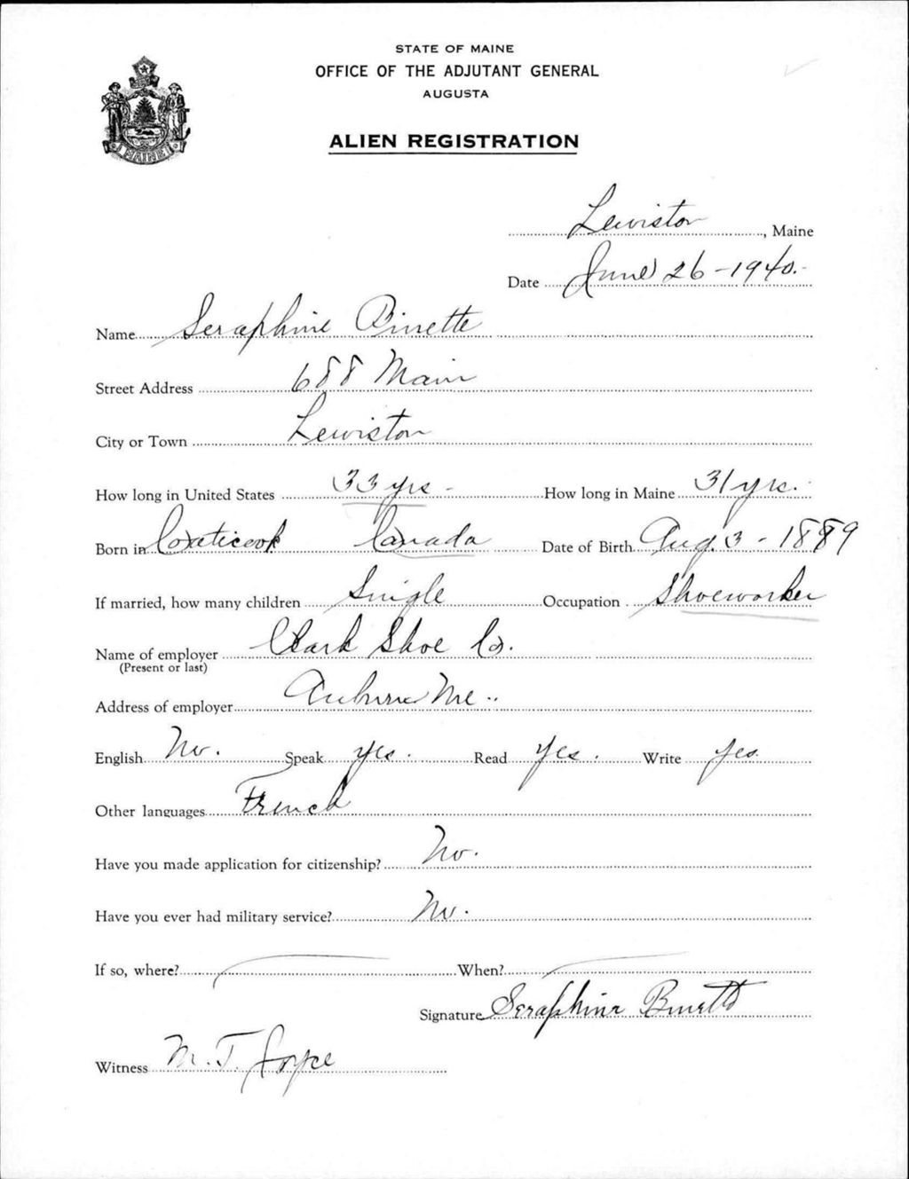 Miniature of Alien Registration- Binette, Seraphine (Lewiston, Androscoggin County)