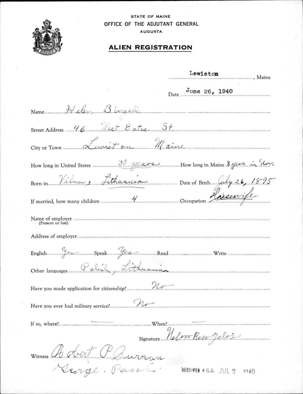 Miniature of Alien Registration- Bingelis, Helen (Lewiston, Androscoggin County)