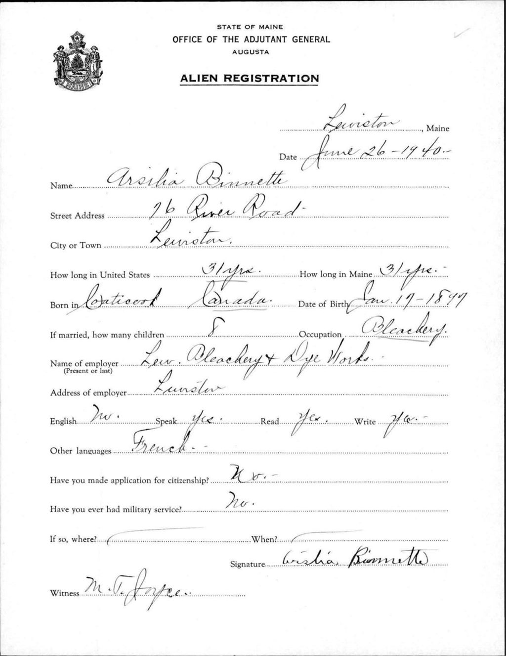 Miniature of Alien Registration- Binnette, Arsilia (Lewiston, Androscoggin County)