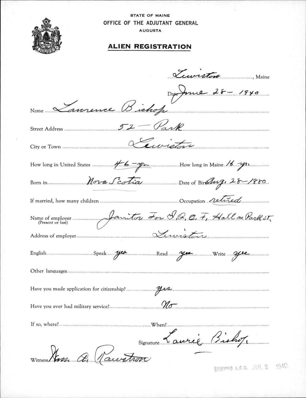 Miniature of Alien Registration- Bishop, Lawrence (Lewiston, Androscoggin County)