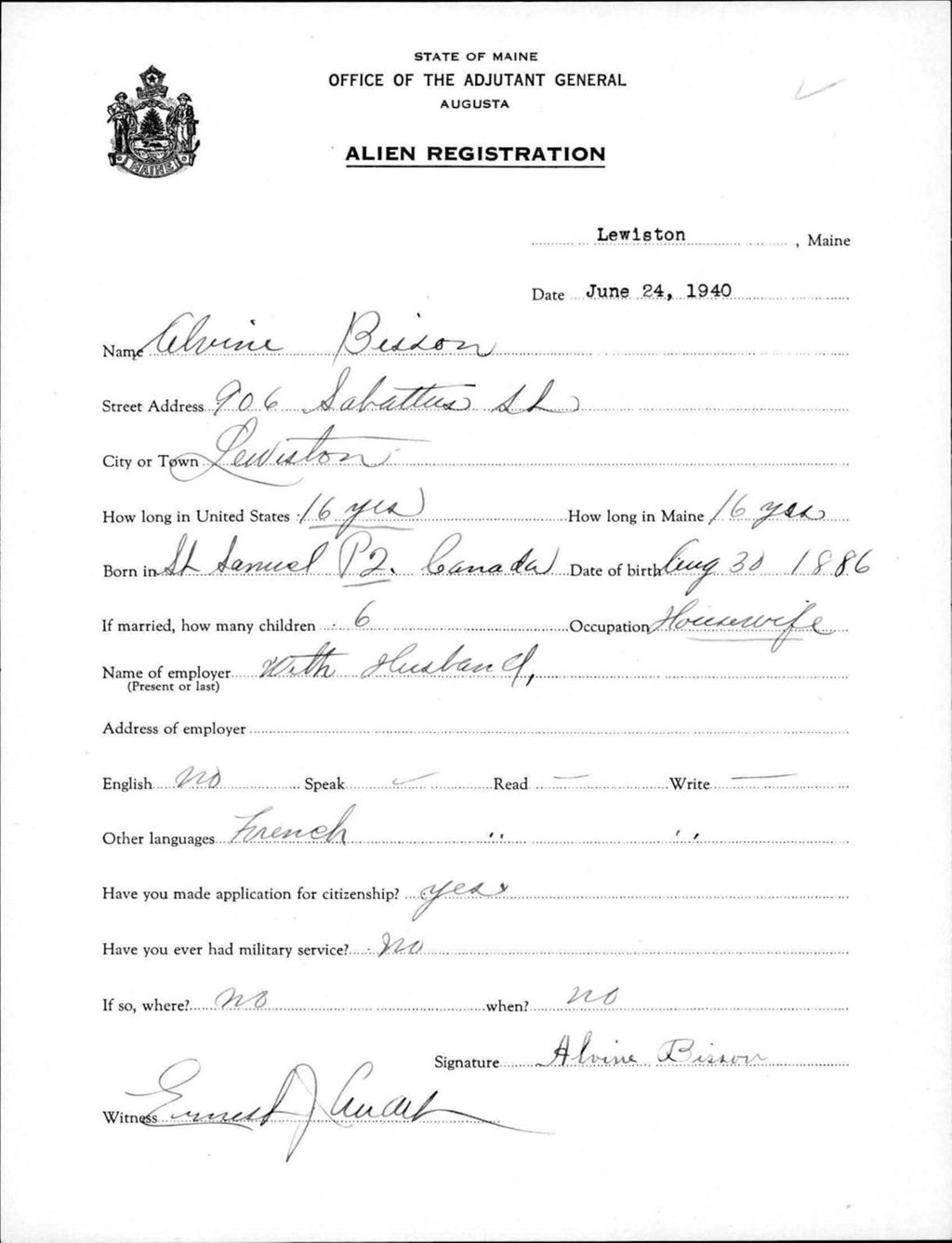 Miniature of Alien Registration- Bisson, Alvine (Lewiston, Androscoggin County)