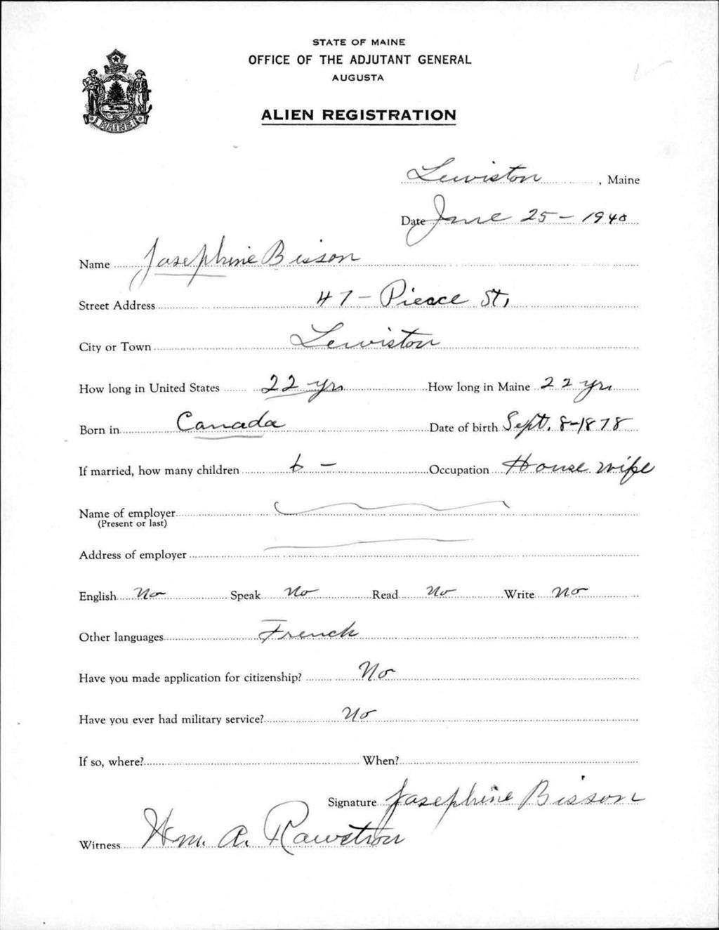 Miniature of Alien Registration- Bisson, Josephine (Lewiston, Androscoggin County)