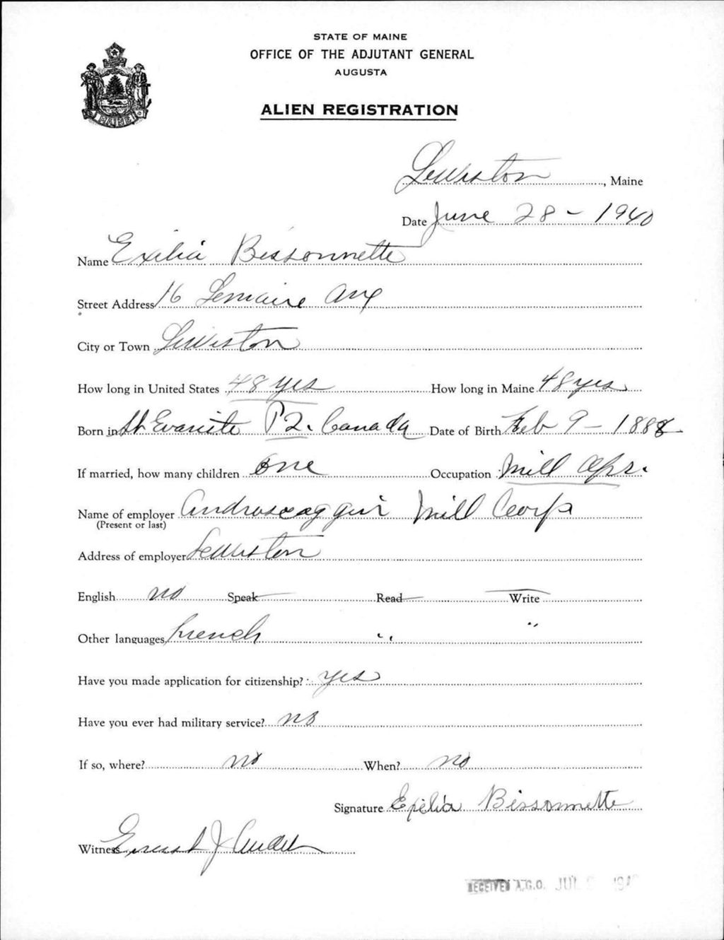 Miniature of Alien Registration- Bissonnette, Exelia (Lewiston, Androscoggin County)