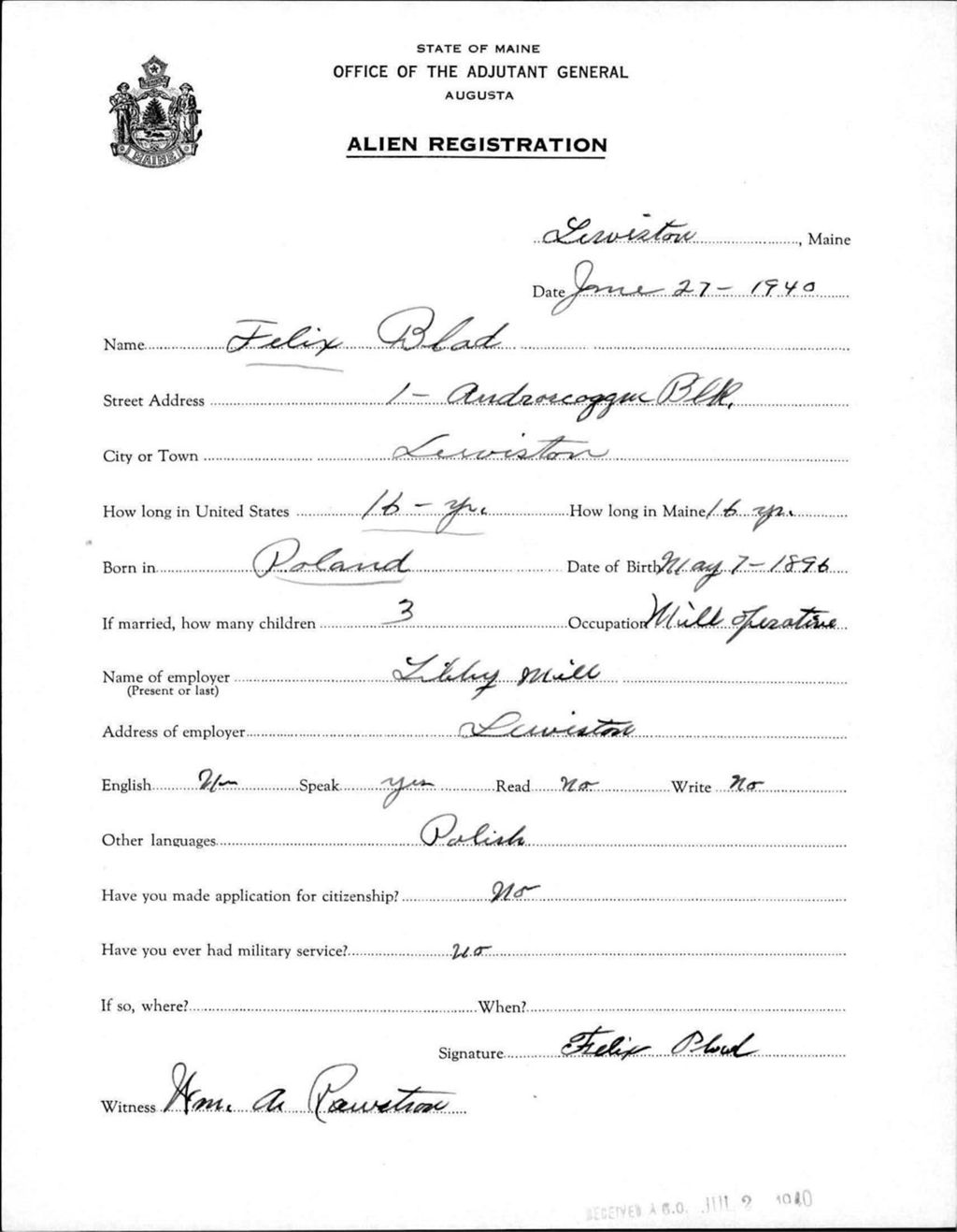 Miniature of Alien Registration- Blad, Felix (Lewiston, Androscoggin County)