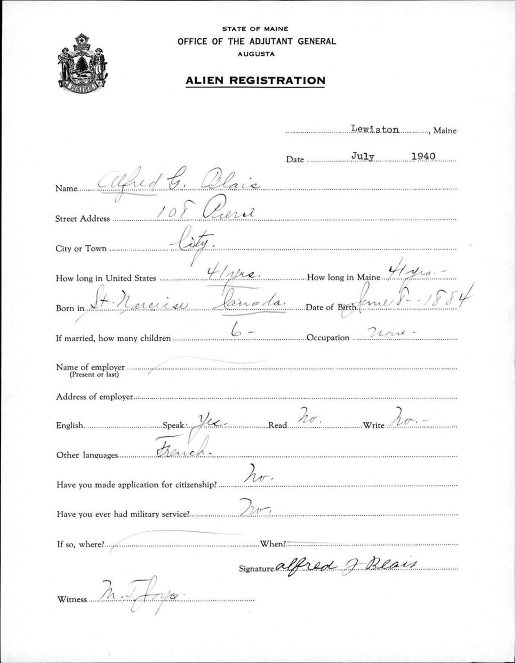 Miniature of Alien Registration- Blais, Alfred G. (Lewiston, Androscoggin County)